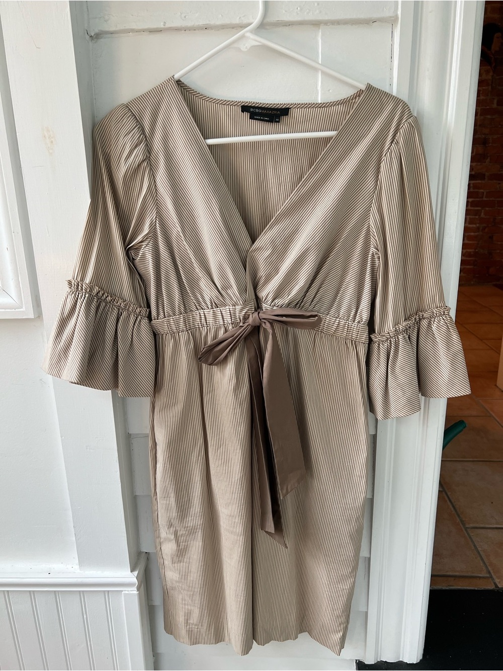 BCBGMaxAzria Taupe Pinstripe Wrap Midi Dress with Tie Waist